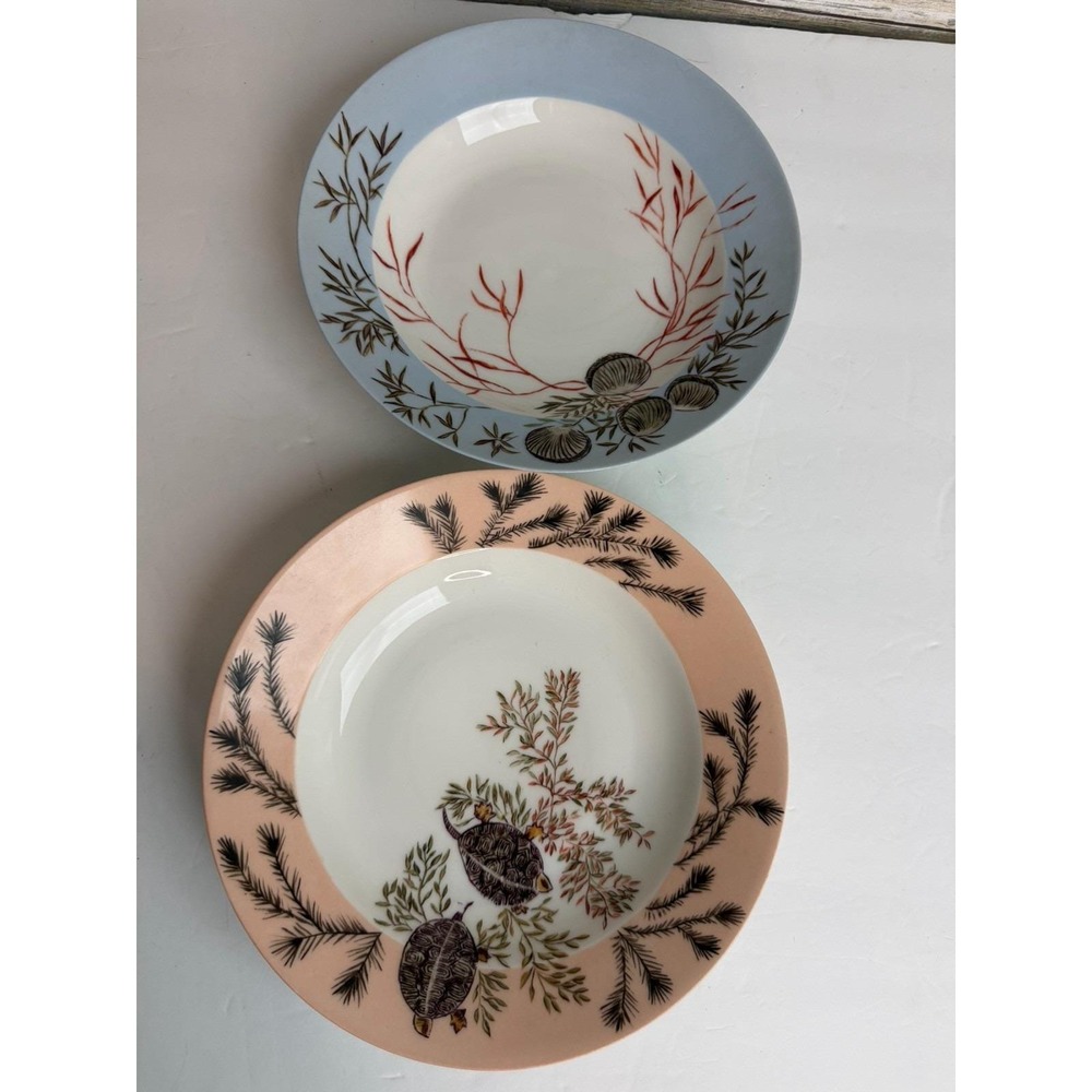 Set of 2 Vintage H & C Shallow Soup Bowls - Peach w/ Turtles And Blue/shells